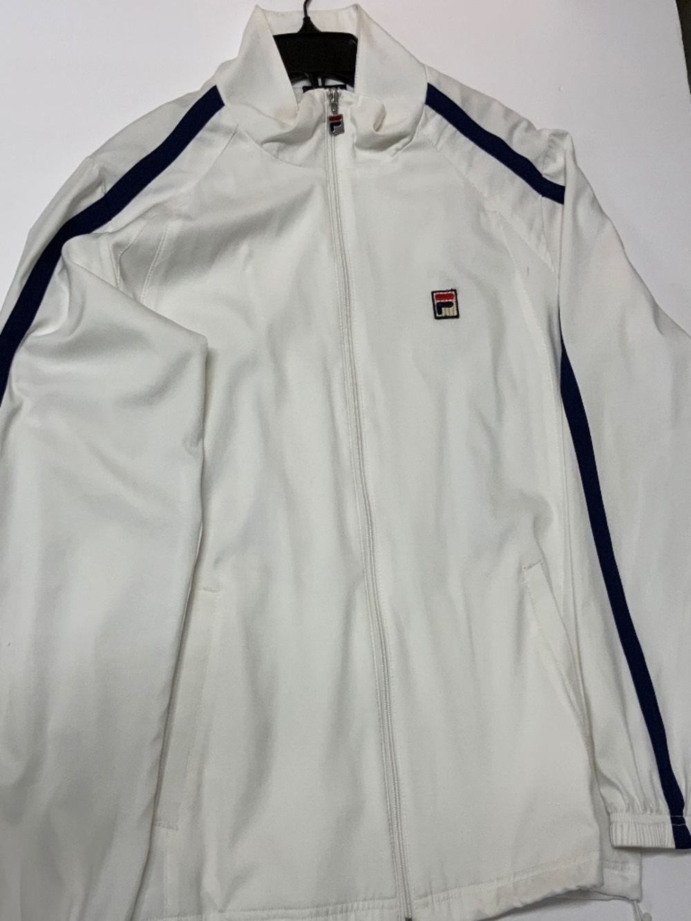 White fila track jacket with blue strip sleeve